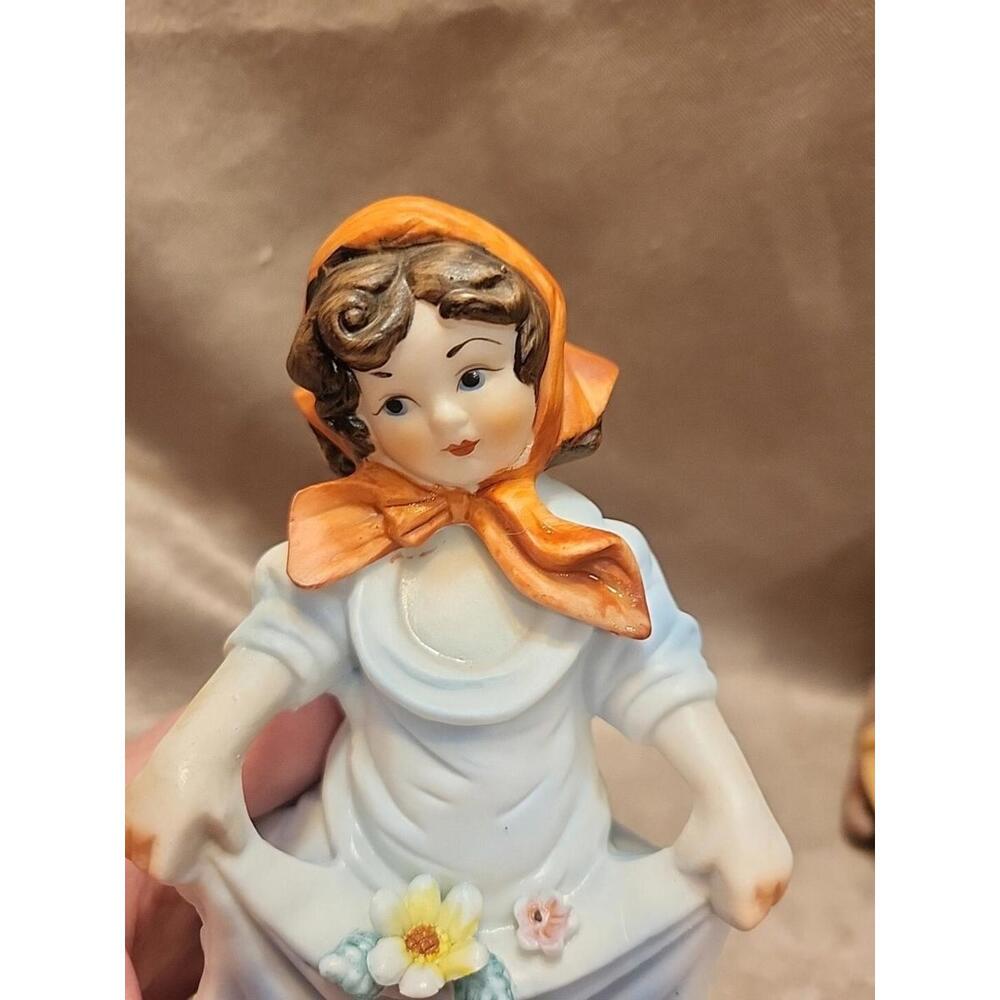 Vintage Ceramic Figurine - Girl With Red Scarf Holding Flowers in Her Dress - Picture 9 of 10